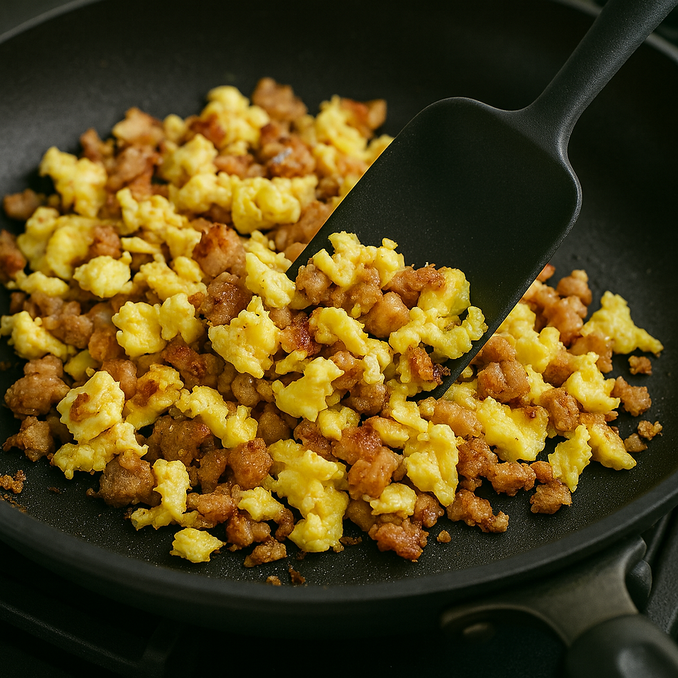 Scrambled egg and browned Spam pieces being stirred together in a frying pan with a black spatula.