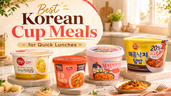 Bright Korean cup meals thumbnail showing curry rice, tteokbokki, buldak tteokbokki, and spicy octopus rice cup meals in a sunlit kitchen with title text about quick Korean lunches.