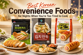 Bright thumbnail showing Korean convenience foods for tired nights, featuring Sajo pork loin cutlet, O’Food kimchi and pork dumplings, and a crispy Korean corn hotdog with prepared plated servings under the headline “Best Korean Convenience Foods.”