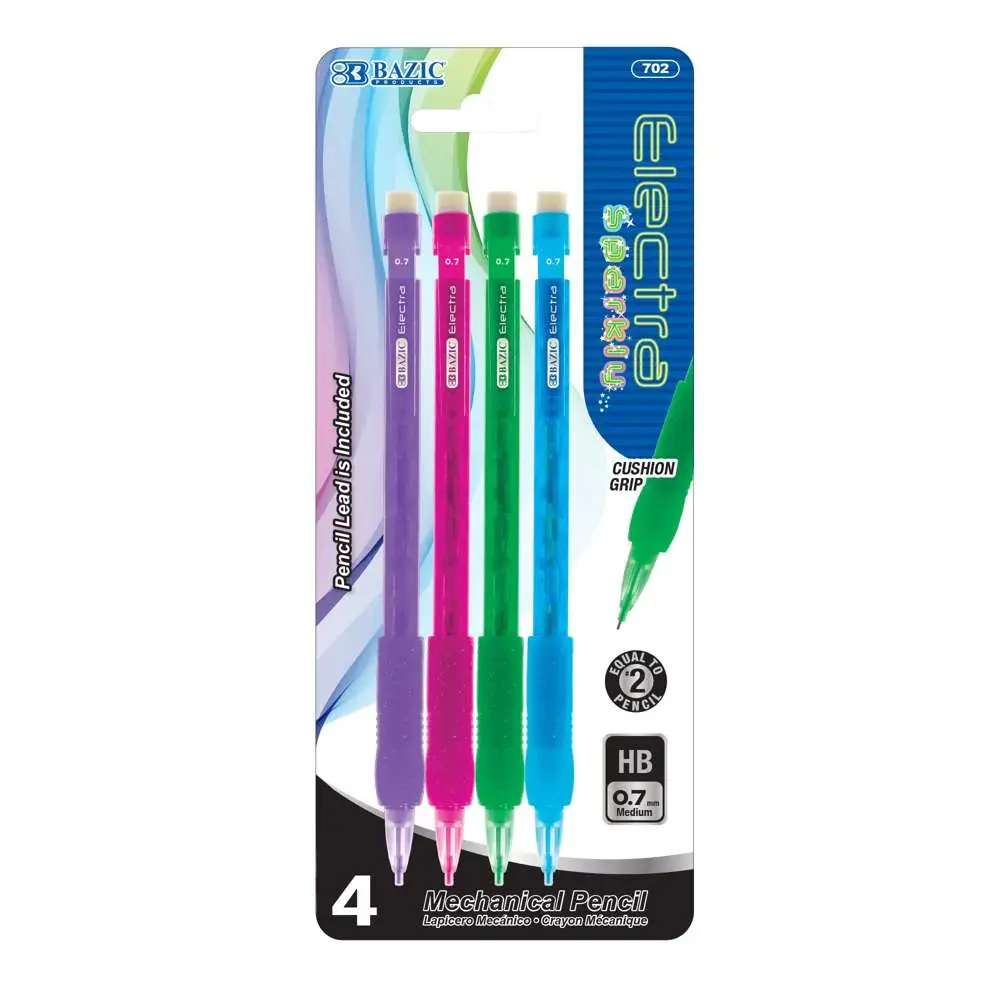Bazic Electra Sparkly 0.7 mm mechanical pencil 4 pack with glitter grip, retractable tip