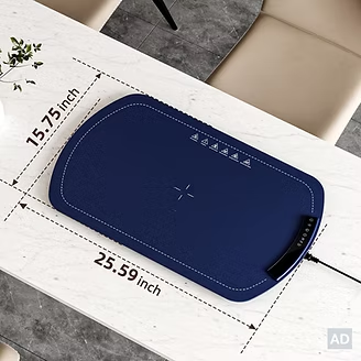 Blue rectangular desk mat or mouse pad displayed on a tabletop with labeled dimensions of 25.59 inches by 15.75 inches