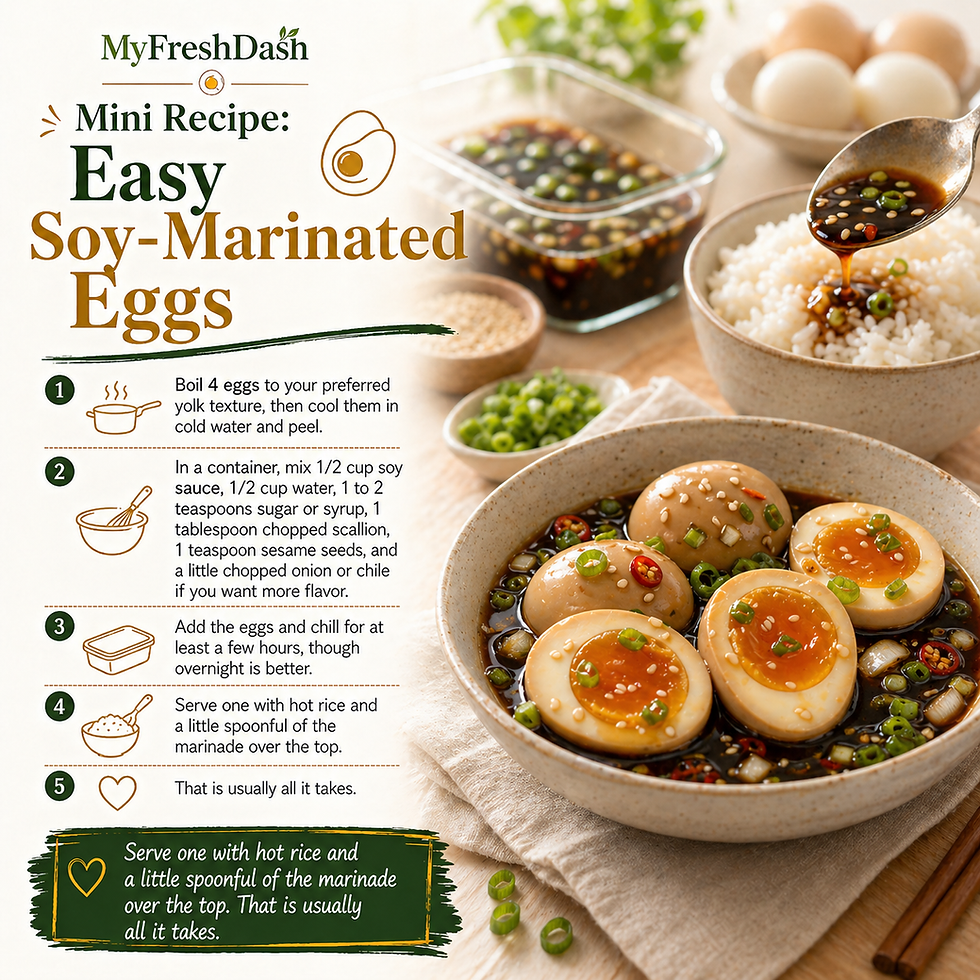 Square recipe graphic showing glossy soy-marinated eggs with jammy yolks, scallions, sesame seeds, rice, and step-by-step instructions.
