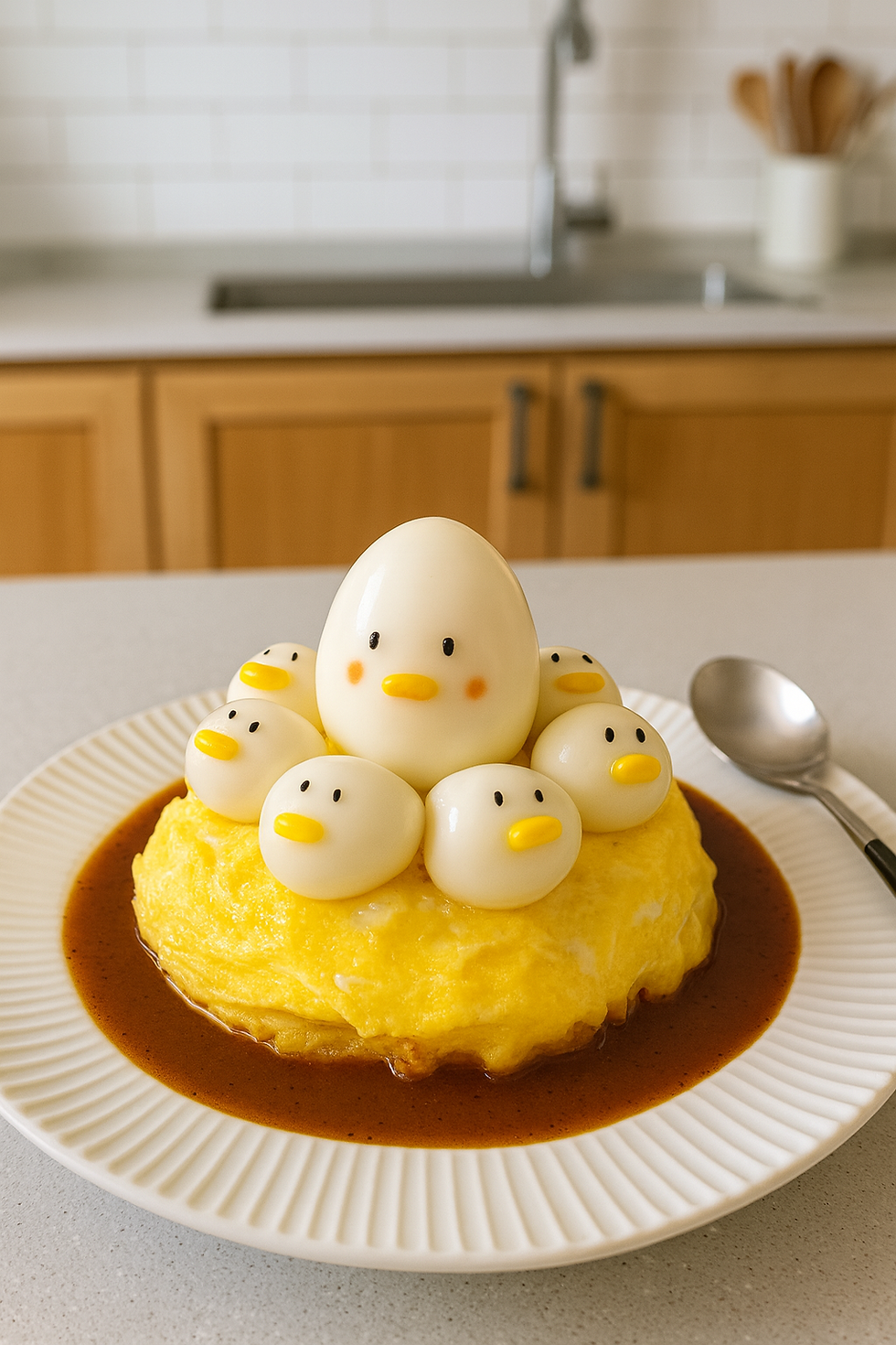 Kitchen scene: Omelette rice topped with egg “chicks” on a white plate in katsu sauce; spoon nearby, tile backsplash and wooden cabinets softly blurred.