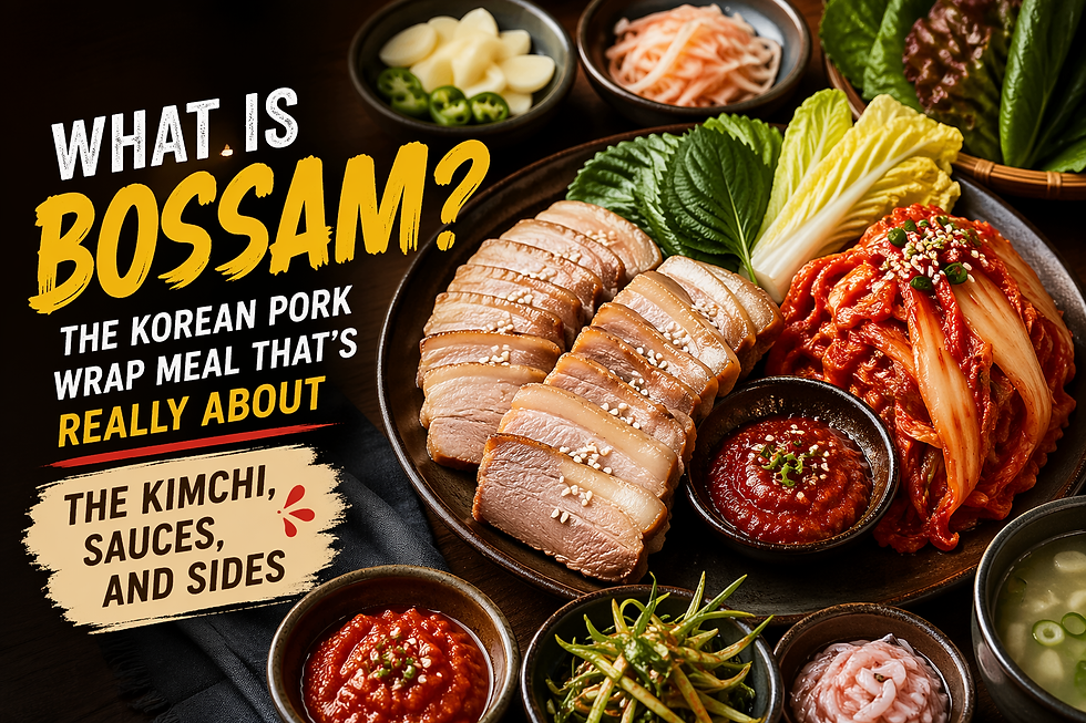 Premium landscape thumbnail for a Korean bossam article featuring neatly sliced pork belly, bright napa kimchi, lettuce and napa cabbage wraps, and small bowls of sauces and sides on a dark tabletop, with large bold headline text asking “What Is Bossam?” and emphasizing kimchi, sauces, and sides.