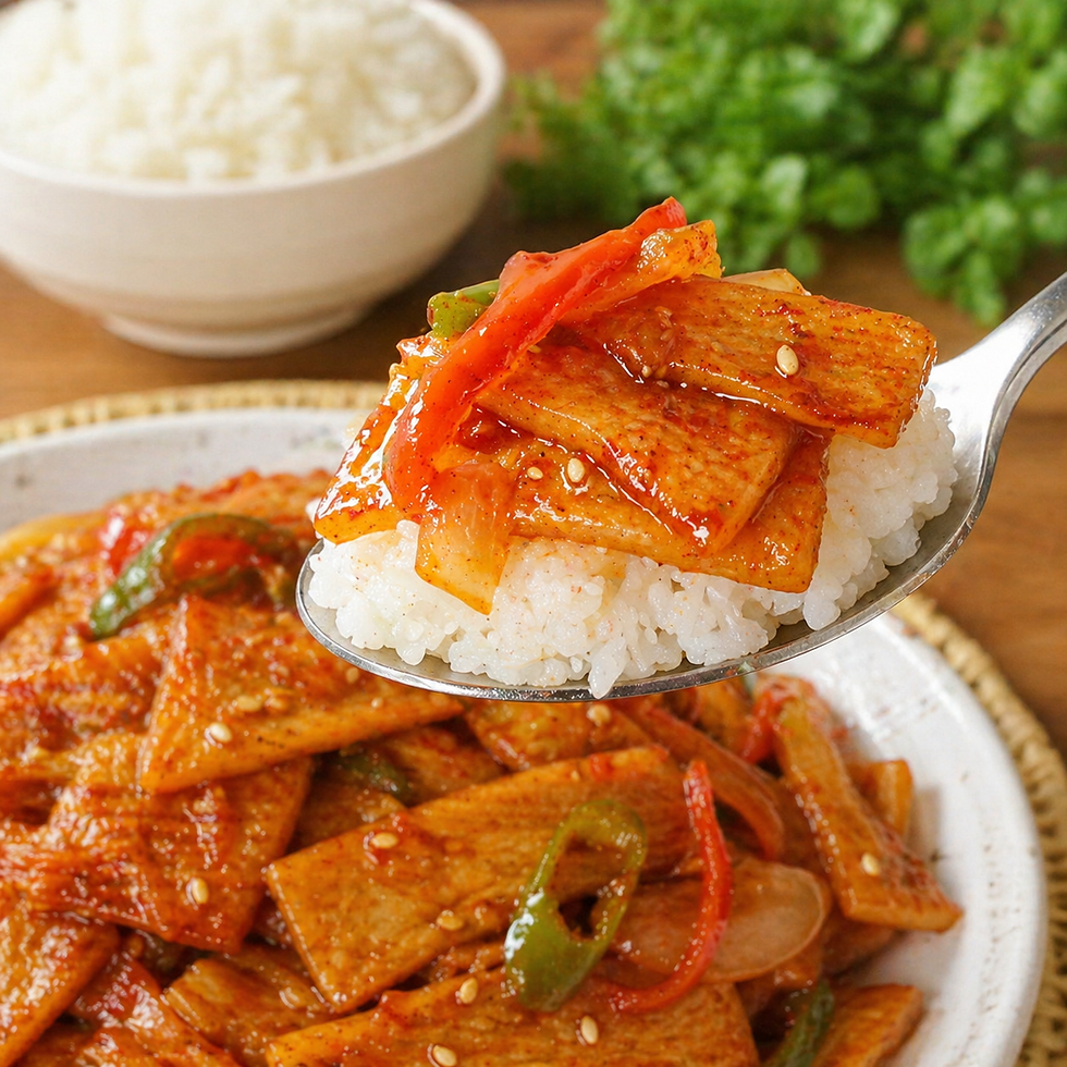Close-up of a spoonful of white steamed rice topped with glossy spicy Korean eomuk bokkeum fish cake, with peppers, onions, sesame seeds, and a bowl of fish cake stir-fry in the background.