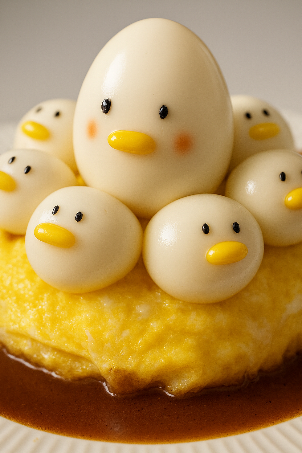 Close-up: Macro of egg “chick” faces clustered on a fluffy omelette, sitting in glossy brown katsu sauce.