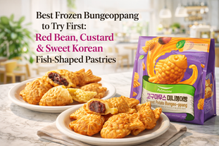 Pulmuone Sweet Potato Bungeo-ppang frozen Korean fish-shaped pastries on plates with red bean and custard filling, featured in a bright premium blog thumbnail.