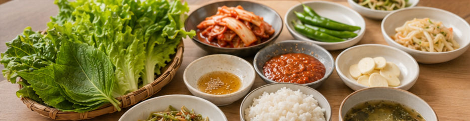 Korean BBQ table setup with lettuce, perilla leaves, rice, kimchi, ssamjang, sesame oil salt dip, garlic, green chilies, and banchan ready before cooking pork belly.