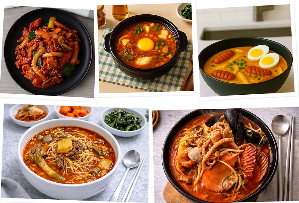 Collage of five easy Korean spicy dishes including jeyuk bokkeum, sundubu jjigae, tteokbokki, yukgaejang, and seafood jjamppong