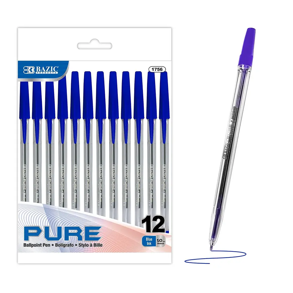 Bazic Pure Blue Stick Pen 12 pack with clear barrels and blue ink, hexagonal non-slip design, 1.0mm medium point for smooth,