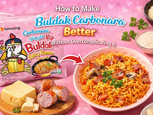 Samyang Buldak Carbonara ramen package next to a bowl of carbonara-style spicy ramen with sausage, mushrooms, and cheese.