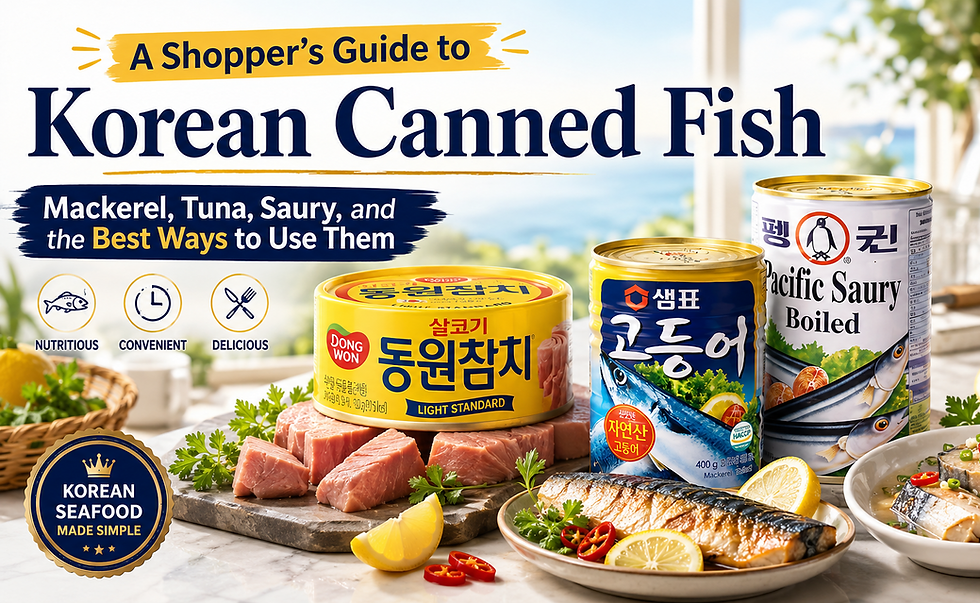 Bright Korean canned fish guide thumbnail showing tuna, mackerel, and saury cans with fresh fish pieces, grilled mackerel, canned fish stew, lemon, herbs, and title text about easy ways to use them.