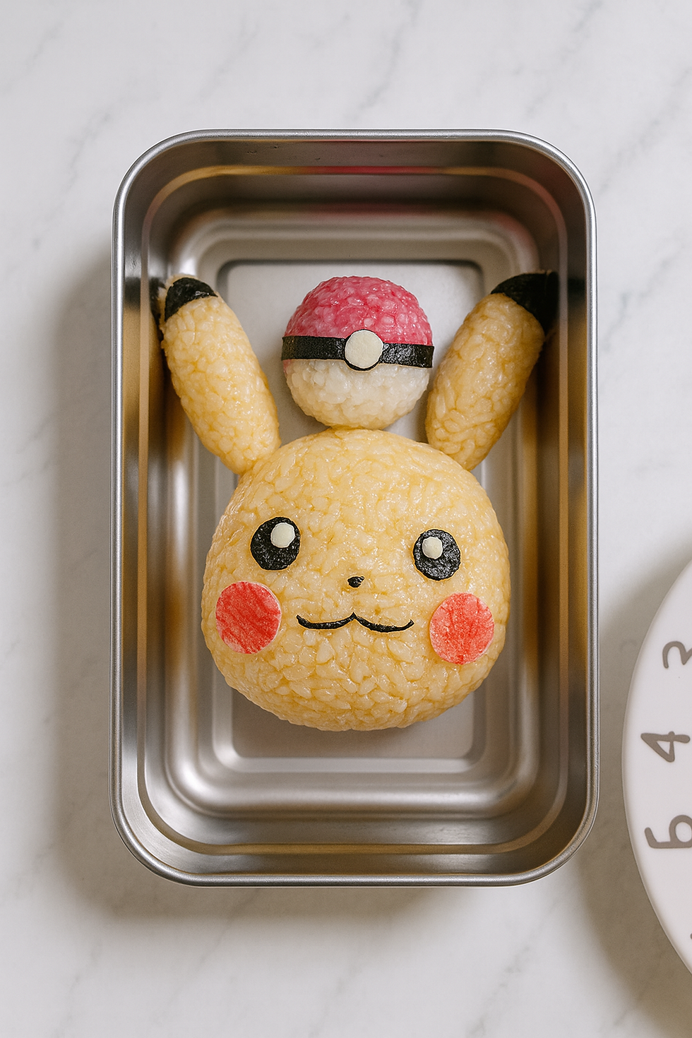 Pikachu rice ball decorated with seaweed and radish details, topped with a Poké Ball rice ball made from pink beet-colored rice and white rice, arranged in a stainless steel lunch container on a marble surface.