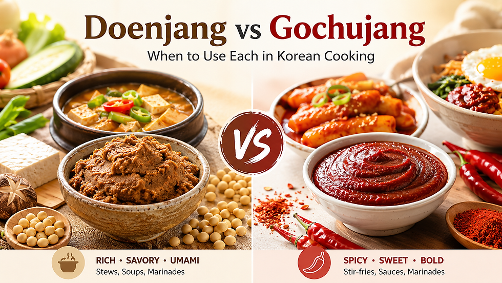 Doenjang vs gochujang comparison thumbnail showing chunky brown soybean paste with tofu stew on one side and glossy red gochujang with tteokbokki and a rice bowl on the other, explaining when to use each in Korean cooking.