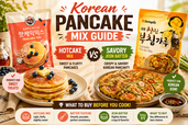 Wide landscape thumbnail titled “Korean Pancake Mix Guide,” comparing sweet hotcake mix with savory jeon batter. On the left, a Beksul hotcake mix bag appears beside fluffy golden pancakes topped with butter, blueberries, powdered sugar, and syrup. On the right, a Sempio vegetable pancake mix bag appears beside crispy Korean jeon with scallions, vegetables, red chili, and dipping sauce. The bright kitchen scene uses bold comparison text for “Hotcake Mix vs Savory Jeon Batter.”