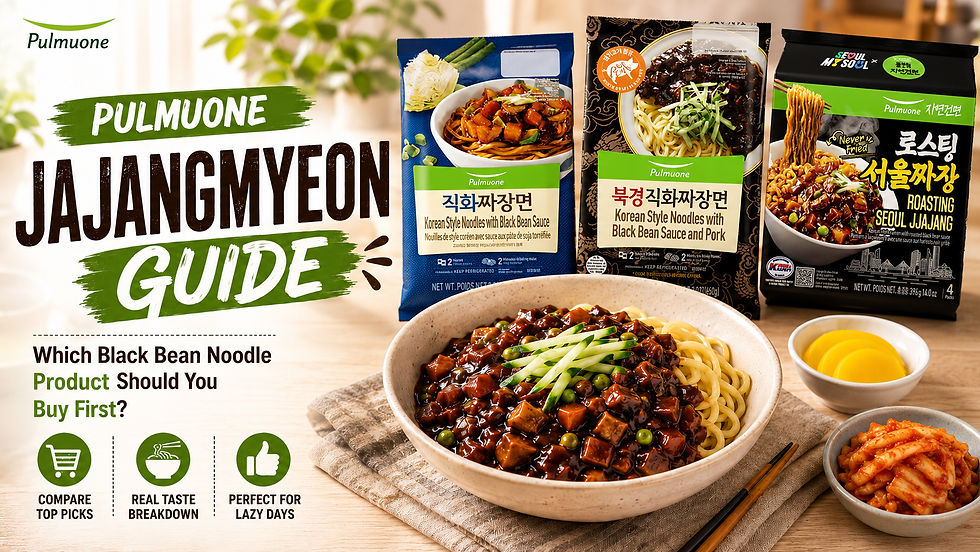 Wide landscape thumbnail titled “Pulmuone Jajangmyeon Guide,” showing a bright Korean food scene with three Pulmuone black bean noodle products displayed behind a bowl of glossy jajangmyeon. The noodles are topped with thick black bean sauce, diced vegetables, peas, and cucumber matchsticks, with danmuji pickles and kimchi on the side. The design highlights comparing black bean noodle products and choosing which one to buy first.