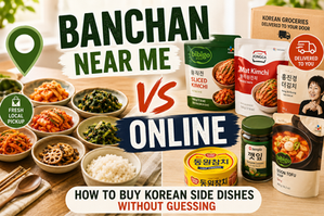 Landscape thumbnail comparing local banchan and online Korean side dish shopping, with fresh banchan bowls on the left and packaged MyFreshDash-style items like Dongwon tuna, Bibigo kimchi, Jongga kimchi, Sempio sesame leaves, and soup products on the right.