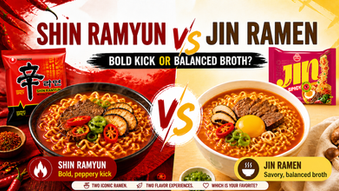 Bright comparison thumbnail showing Shin Ramyun on the left and Jin Ramen on the right, with steaming ramen bowls, product packages placed behind each bowl, and bold text reading “Shin Ramyun vs Jin Ramen” and “Bold Kick or Balanced Broth?”