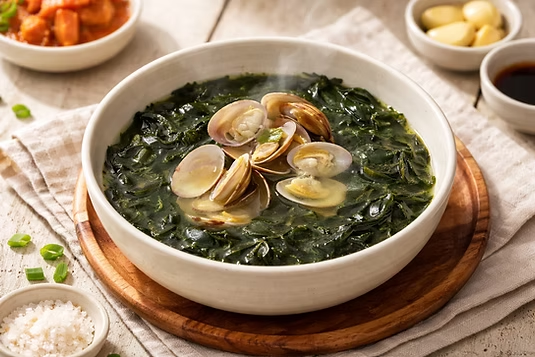 Mild seaweed soup with clams in a white bowl, served with rice, kimchi, garlic, and dipping sauce on a Korean table.