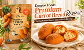 Daedoo Foods Premium Carrot Bread review thumbnail featuring the carrot bread package, carrot-shaped breads with creamy filling on a plate, fresh carrots, and a bright premium MyFreshDash-style kitchen layout.