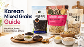 Bright premium thumbnail featuring Korean mixed grain packages, bowls of black rice, barley, and multigrain blends on a clean kitchen counter, with bold text reading “Korean Mixed Grains Guide.”