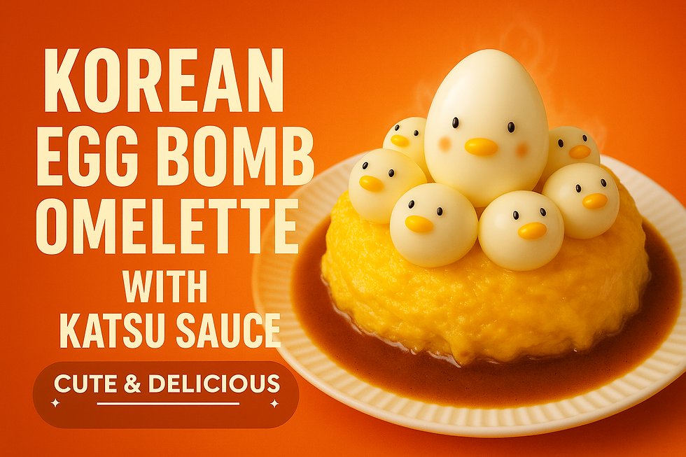 Orange thumbnail: “Korean Egg Bomb Omelette with Katsu Sauce” text beside a plate with a fluffy omelette topped with egg “chicks” in katsu sauce; “Cute & Delicious” badge.