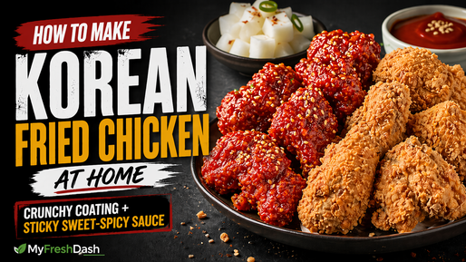 Landscape food thumbnail showing separate pieces of Korean fried chicken coated in a glossy sweet-spicy red sauce, styled to look extra crispy with a crunchy coating, arranged on a dark plate with clean premium lighting and an appetizing commercial food-blog look.