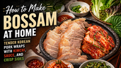 Bossam served on a black platter with tender sliced pork, fresh kimchi, sauces, garlic, chilies, and leafy wraps, alongside bold thumbnail text reading “How to Make Bossam at Home.”