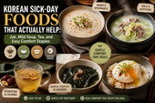 Korean sick-day comfort foods including juk rice porridge, mild beef soup, warm tea, seaweed soup, and egg over rice arranged in a cozy healing food spread.