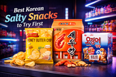 Best Korean salty snacks display featuring honey butter chips, shrimp chips, and peanut snacks on a colorful convenience store background
