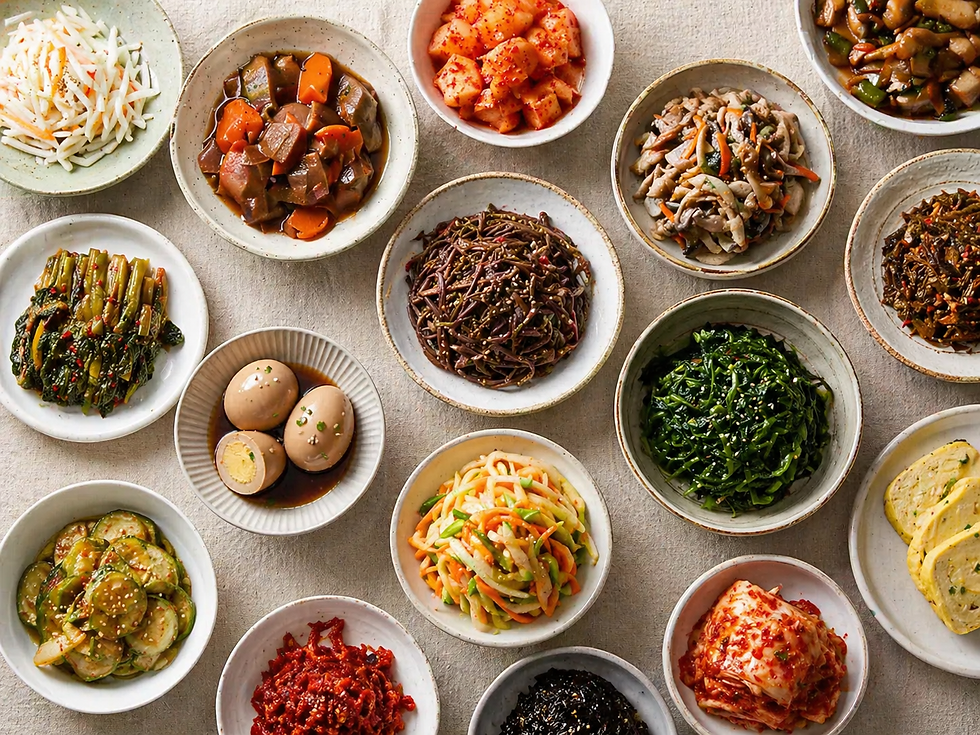 Top-down spread of assorted Korean banchan in ceramic bowls, including kimchi, seasoned greens, cucumber salad, cubed radish kimchi, soy-braised eggs, mushrooms, seaweed, rolled omelet, and spicy vegetable sides on a beige linen table.