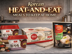 Korean heat-and-eat meals to keep at home featuring instant rice, porridge, and ginseng chicken soup in a modern kitchen setting