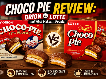 Pinterest-style Choco Pie Review thumbnail comparing Orion and Lotte Choco Pie boxes with chocolate marshmallow pies, bold “Orion vs Lotte” text, and a premium chocolate-themed background.