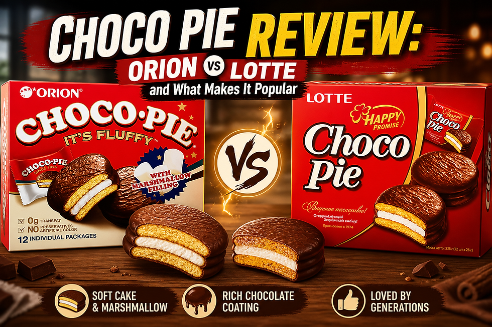 Pinterest-style Choco Pie Review thumbnail comparing Orion and Lotte Choco Pie boxes with chocolate marshmallow pies, bold “Orion vs Lotte” text, and a premium chocolate-themed background.