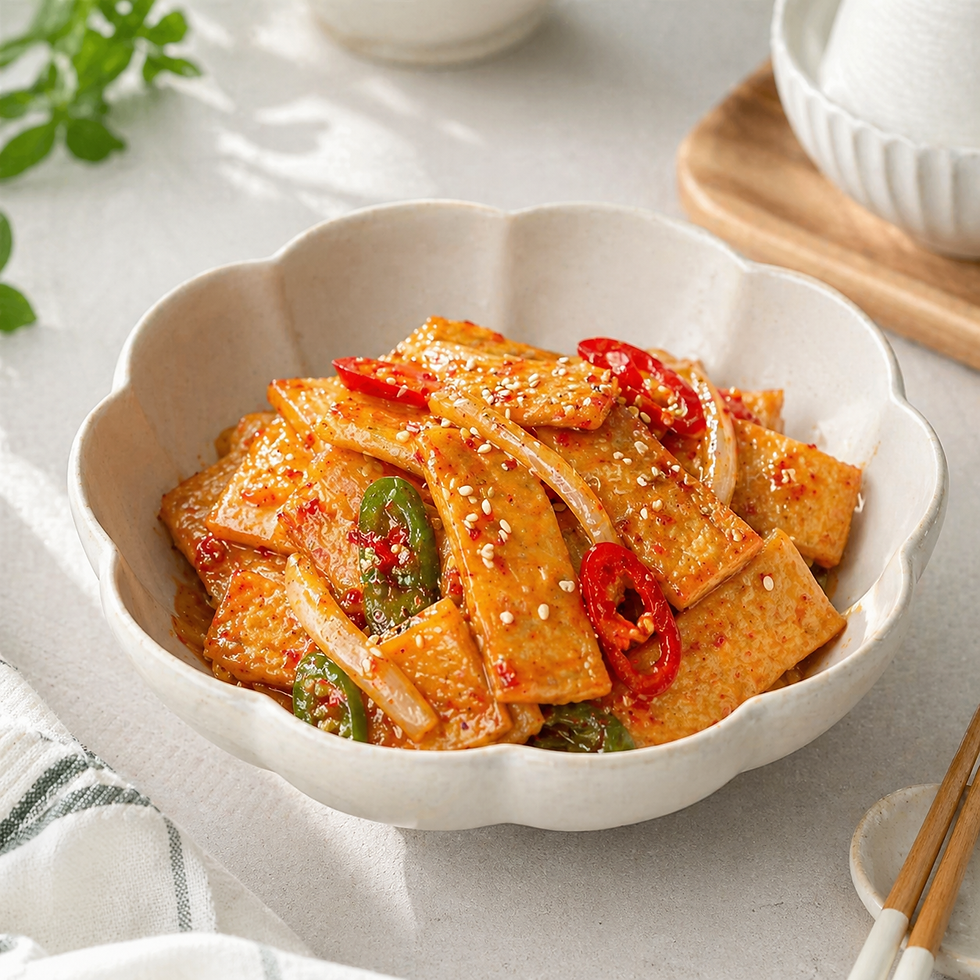 Korean stir-fried fish cake with red and green chilies, onion, sesame seeds, and spicy glossy sauce served in a cream ceramic bowl.