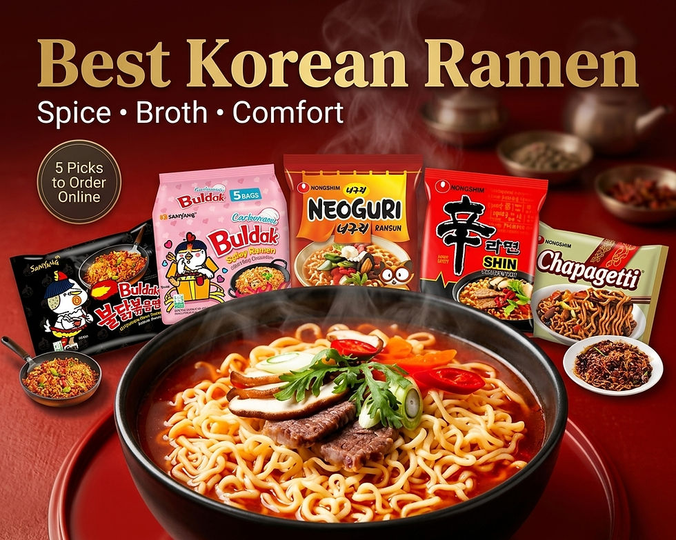 Premium Korean ramen thumbnail showing a steaming bowl of spicy ramen with Shin Ramyun, Buldak, Buldak Carbonara, Neoguri, and Chapagetti packages behind it, with text reading Best Korean Ramen, Spice, Broth, Comfort, and 5 Picks to Order Online.