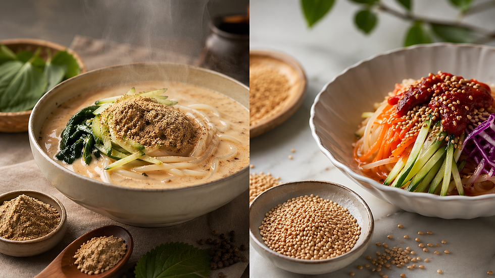 Side-by-side food comparison showing deulkkae and sesame: on the left, a steaming bowl of creamy Korean noodle soup topped with ground perilla seed; on the right, a bowl of spicy noodles with julienned vegetables and a light sprinkle of sesame seeds.