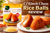 CJ Bibigo Kimchi Cheese Rice Balls package beside plated kimchi rice balls with melted cheese filling, featured in a MyFreshDash review thumbnail.