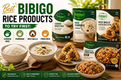 A bright premium Bibigo rice products thumbnail showing cooked white rice, rice porridge, Korean rice balls, and fried rice alongside Bibigo-style product packaging, with bold headline text reading “Best Bibigo Rice Products to Try First.”