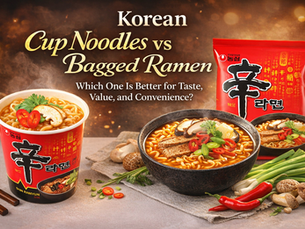 Korean Cup Noodles vs Bagged Ramen blog image featuring Shin Ramyun in both cup and bagged formats, shown with prepared bowls of ramen, mushrooms, green onions, and red chili peppers.