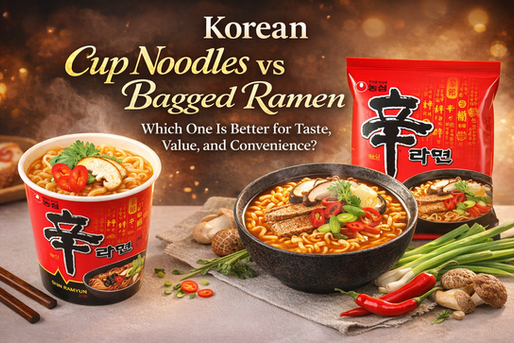 Korean Cup Noodles vs Bagged Ramen blog image featuring Shin Ramyun in both cup and bagged formats, shown with prepared bowls of ramen, mushrooms, green onions, and red chili peppers.