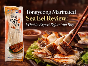 Premium blog thumbnail for a Tongyeong marinated sea eel review featuring the original Korean sea eel package and grilled eel served with chopsticks in a warm, upscale Korean seafood setting.