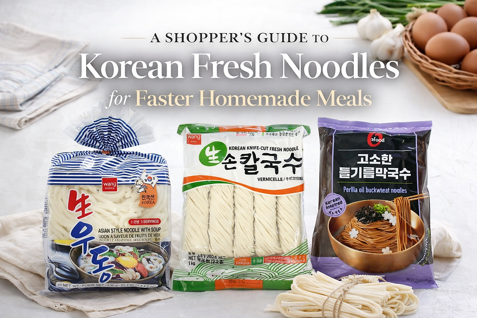 Premium MyFreshDash blog thumbnail showing three packaged Korean fresh noodles on a bright editorial background with elegant text about faster homemade meals.