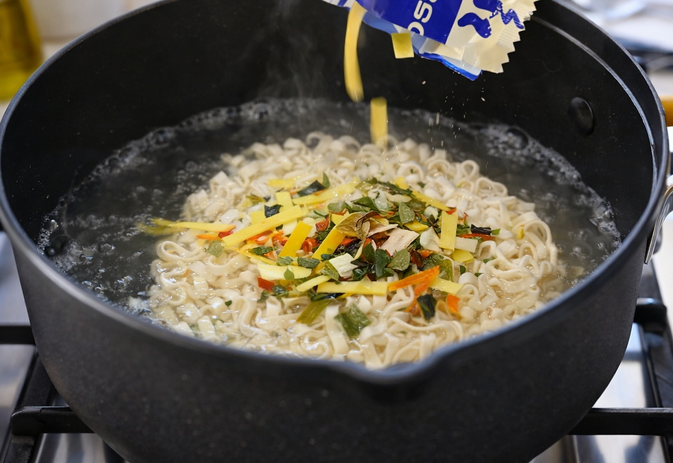 Nongshim Myeolchi Kalguksu cooking in a black pot on a stovetop, with a hand pouring seasoning from a blue-and-white packet into bubbling noodles topped with dried vegetables in a clean modern kitchen.