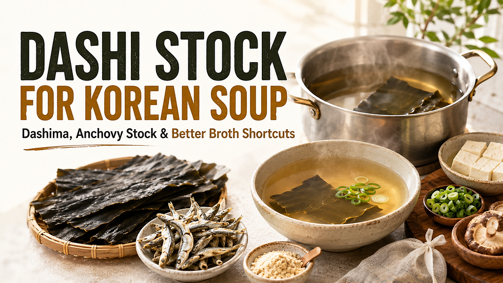 Wide bright food thumbnail titled “Dashi Stock for Korean Soup,” featuring a clean Korean broth setup with a steaming pot of golden stock, a bowl of clear soup with dashima kelp and scallions, dried kelp sheets, dried anchovies, anchovy powder, tofu cubes, mushrooms, and scallions on a sunlit kitchen surface. The subtitle highlights dashima, anchovy stock, and better broth shortcuts.
