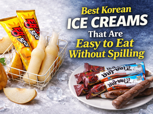 Blog thumbnail for Best Korean Ice Creams That Are Easy to Eat Without Spilling featuring Tank Boy pear ice cream and Papico chocolate tube ice cream in a cool, premium layout with bold title text.