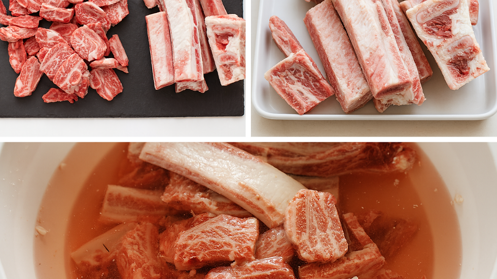 Collage of raw beef short ribs cut into chunks, whole ribs, and ribs soaking in cold water to remove blood before making galbitang.