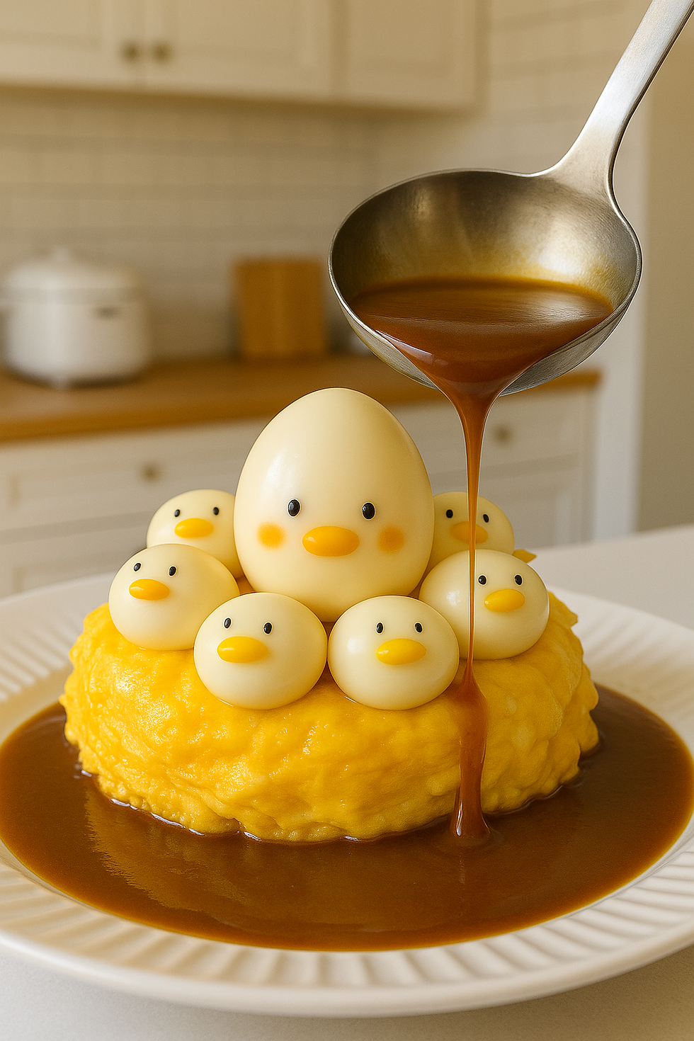 Action shot: a ladle pours glossy brown katsu sauce over the omelette topped with egg “chicks.”