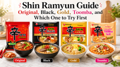 Shin Ramyun guide comparing Original, Black, Gold, and Toomba flavors with product packages and matching bowls of ramen on a bright kitchen countertop.