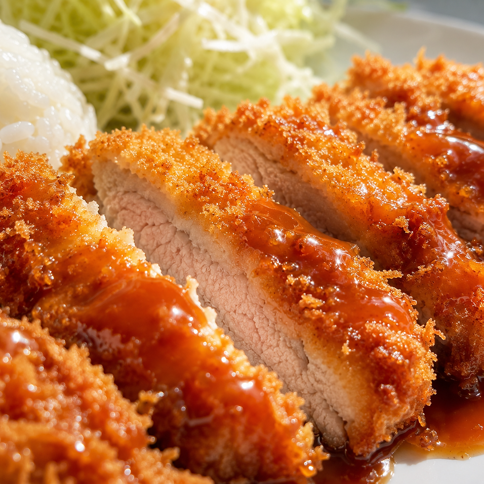 Macro close-up of Korean donkatsu showing crunchy golden breading, juicy pork center, glossy brown sauce, and shredded cabbage in soft morning light.